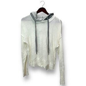 Dance & Marvel Womens Off-White Distressed Mesh Hoodie Sweater Sz L Quiet Luxury